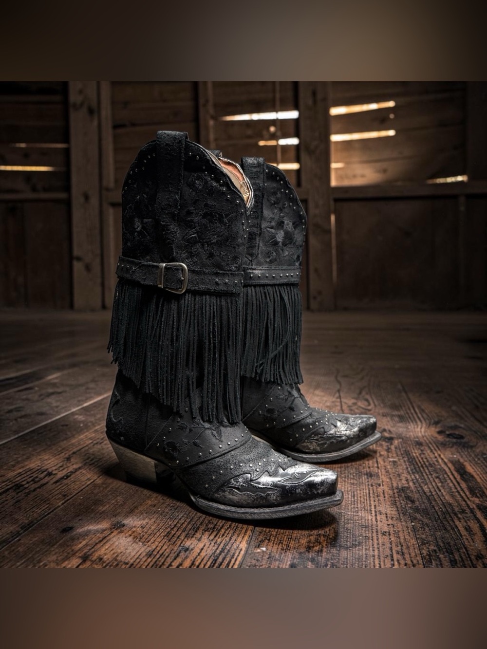 Dan Post Women’s Bed of Roses Western Boot Cowboy Snip Toe Pointy Black Fringe